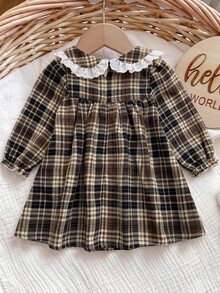 SHEIN Newborn Baby Plaid Pleated Casual Summer Dress - Brown - View 2