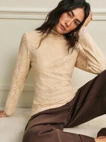 SHEIN تي شيرت علوي طبقة أساسية شتاء 2026 جديد، تي شيرت تي شيرت بأكمام طويلة مبطن بالصوف السميك مع دانتيل خريف/شتاء - لون مشمشي - مشاهدة 3