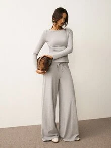 ATUI Studio Women's Solid Color Long Sleeve Top And Drawstring Waist Pants 2 Pieces Set - Light Grey - View 7