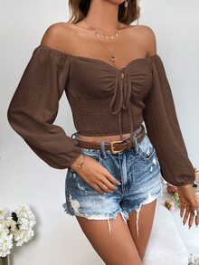 SHEIN VCAY 女款純色露肩前綁帶長袖襯衫 - 棕色 - 查看 4