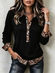Holdful Holdful Women's Autumn/Winter New Casual Patchwork Leopard Print Knit T-Shirt - Black - View 5
