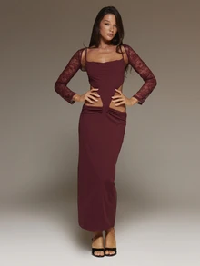 MUSERA Red Cut Out Maxi Dress With Lace Bolero Autumn Winter Going Out Dating Christmas Holidays - Burgundy - View 2