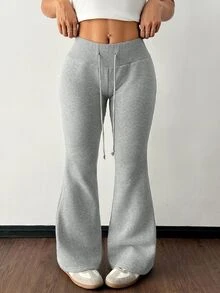 CovetEZ Autumn/Winter Solid Color Thickened Casual Lace-Up Plus Size Flare Pants - Grey - View 3