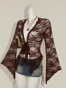 SHEIN ICON 女款時尚黑色V領蕾絲上衣，飄逸喇叭袖性感上衣 - 棕色 - 查看 3