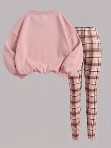 青少年女孩圓領休閒落肩運動衫與修身緊身褲2件套 - 白色 - 查看 2