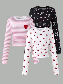 SHEIN 青少年女孩 T-shirt 3件組，休閒版型，日常穿著，時尚百搭，圓領，印花，可愛舒適，圖案字母，秋季，寬鬆 - 彩色 - 查看 3