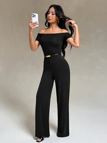 SHEIN PETITE Elegant Women's Off-Shoulder Fitted Jumpsuit - Black - View 1