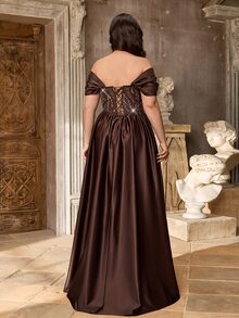 Aureia Plus Size Elegant Luxurious Champagne Beaded Patchwork Wedding Dress Satin Off-Shoulder Hanging Sleeve Mermaid Hem Patchwork Suitable For Evening Party Date Ball Vacation Wedding Event Heavy Work Evening Gown - Coffee Brown - View 2