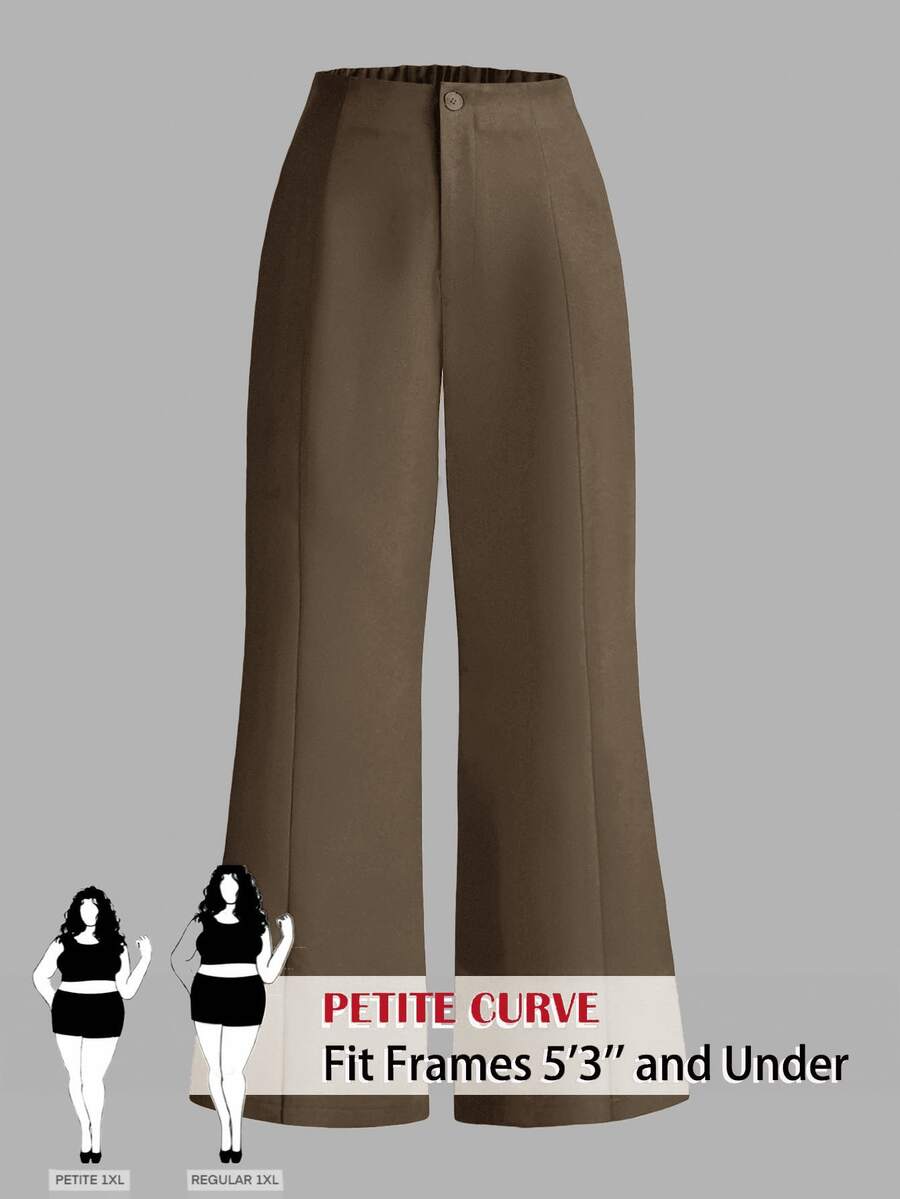 SHEIN PETITE CURVE بنطال واسع الساق بلون موحد كاجوال متعدد الاستخدامات مقاس كبير/شتاء خريف - بني مخاوي - مشاهدة 1