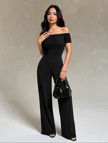 SHEIN PETITE Elegant Women's Off-Shoulder Fitted Jumpsuit - Black - View 4