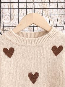SHEIN Tween Girl Heart Pattern Drop Shoulder Sweater And Solid Brown Pleated Skirt 2pcs Set,Back-To-School Casual School Outfit For Autumn Winter - Apricot - View 4