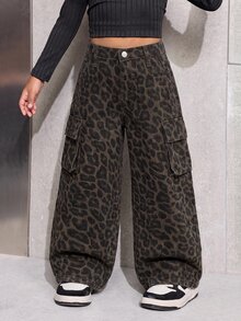SHEIN 少女豹紋鈕扣工裝牛仔長褲 - 彩色 - 查看 3