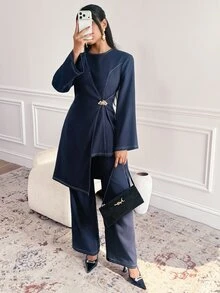 Veilorie Women's Casual 2 Pieces Set With Metal Waist Design Asymmetric Hem Shirt And Long Pants - Blue - View 6