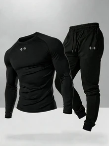 Men's Barbell Pattern Long Sleeve Top And Pants Casual Daily Sports Set - Black - View 1
