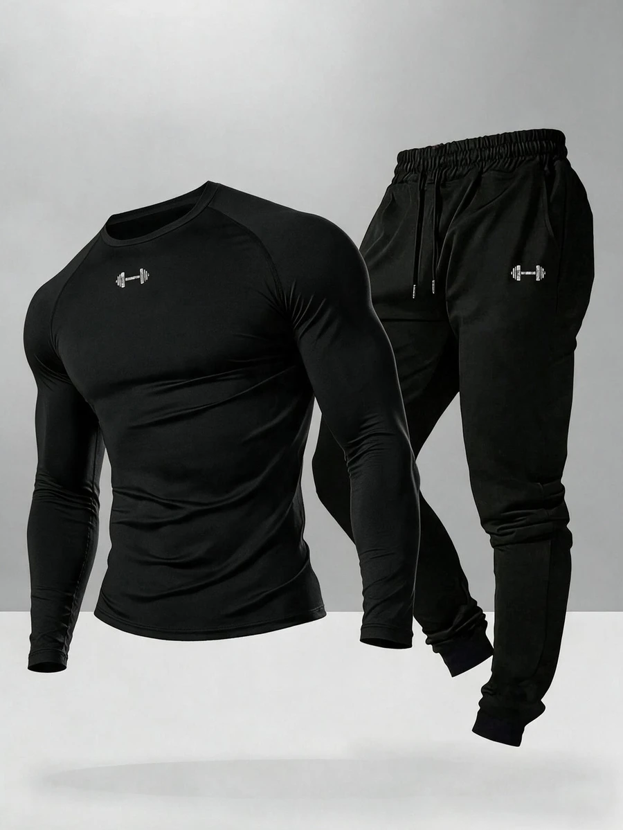Men's Barbell Pattern Long Sleeve Top And Pants Casual Daily Sports Set - Black - View 1