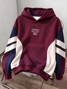 HypeHours 酒紅色拼色連帽衛衣 男款美式復古 NYC23 字母印花對比拼接寬鬆落肩連帽衫 春秋厚實外套 - 彩色 - 查看 1