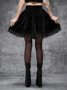 Cryptelle Women's Black Gothic Style Velvet Contrast Lace Short Mini Skirt Halloween Outfit Autumn/Winter - Black - View 7
