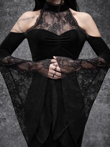 Cryptelle Women's Lace & Velvet Patchwork Batwing Sleeve Gothic Top, Autumn/Winter Black Witchy Halloween Outfit Costume - Black - View 3