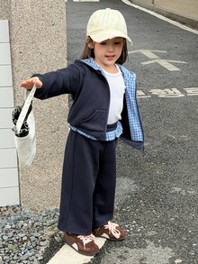DAZY Infant (Girl) Plaid Patchwork Long Sleeve Autumn/Winter 2 Pieces Sweatshirt Set - Navy Blue - View 1