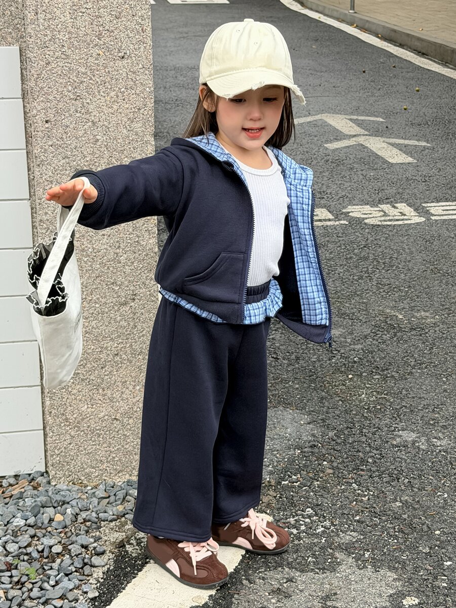 DAZY Infant (Girl) Plaid Patchwork Long Sleeve Autumn/Winter 2 Pieces Sweatshirt Set - Navy Blue - View 1