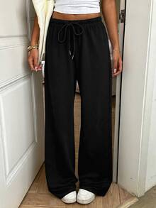 SHEIN EZwear 夏季休閒百搭黑色針織運動長褲居家休閒褲 - 黑色 - 查看 6