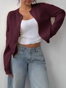 SHEIN Tall CURVE 大尺碼休閒柔軟修身常規版純色圓領長袖寬鬆短版女款軟黃色針織開襟衫 秋冬春季辦公通勤 - 乾枯玫瑰色 - 查看 4