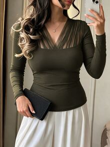 SHEIN LUNE CURVE Plus Size Women's Autumn/Winter Mesh Patchwork Ruched Waist Elegant Sexy Commuter Blouse Fall Dinner Party Black - Army Green - View 4