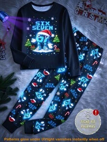 青少年男孩睡衣，秋冬熱銷暢銷款，UV光感螢光聖誕元素67組合圖案滿版印花，修身高彈力圓領長袖長褲兩件套居家服，修身版型，建議加碼買大一號，1套 - 黑色 - 查看 6