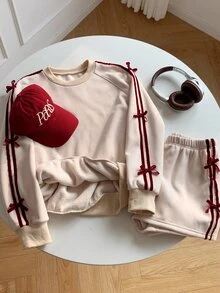 Comfortcana Plus Size Autumn/Winter Fleece Christmas Red Bow Casual Sweatshirt 2 Pieces Set - Apricot - View 5