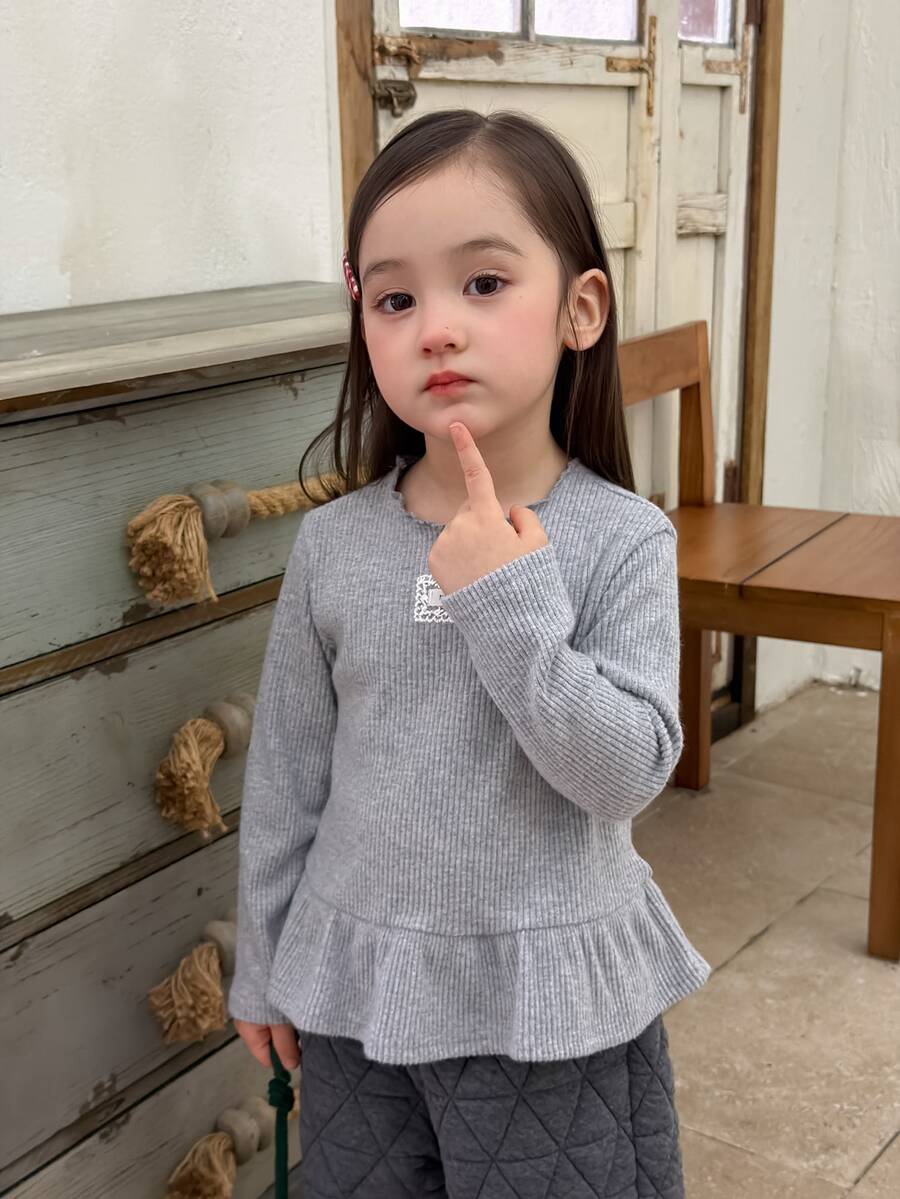 DAZY Blusa de manga larga con volantes para bebé niña, color liso, estilo coreano - Gris - Ver 1