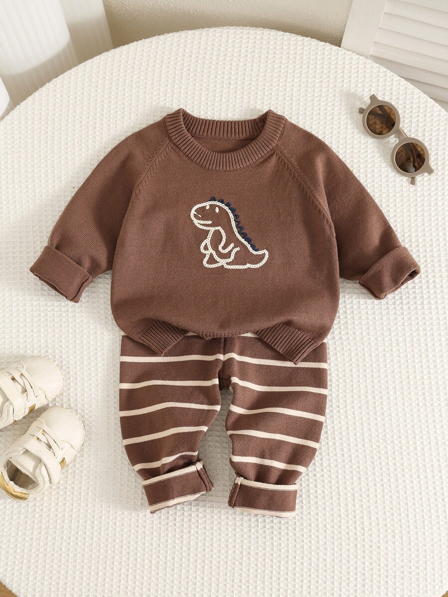 SHEIN Baby Boy Cartoon Dinosaur Pattern Knitted Soft Crew Neck Long Sleeve Pullover Sweater And Elastic Waist Long Autumn Pants 2 Pieces Set - Brown - View 1