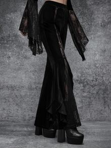 Cryptelle Women's High Waist Lace Patchwork Sexy Flare Leg Pants, Gothic Style Halloween Outfit, Autumn/Winter - Black - View 4