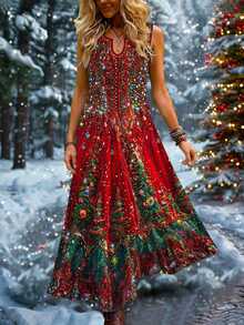 Linhara Plus Size Women's Christmas Print Notch-Neck Sleeveless Dress,Festive Graphic Casual Loose Fit Dress - Multicolor - View 3