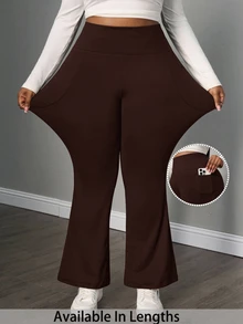 SHEIN PETITE CURVE 大尺碼女款黑色秋季休閒正式風柔軟優雅純色針織高腰鬆緊口袋喇叭寬腿長褲 健身正裝適用 - 乾枯玫瑰色 - 查看 1