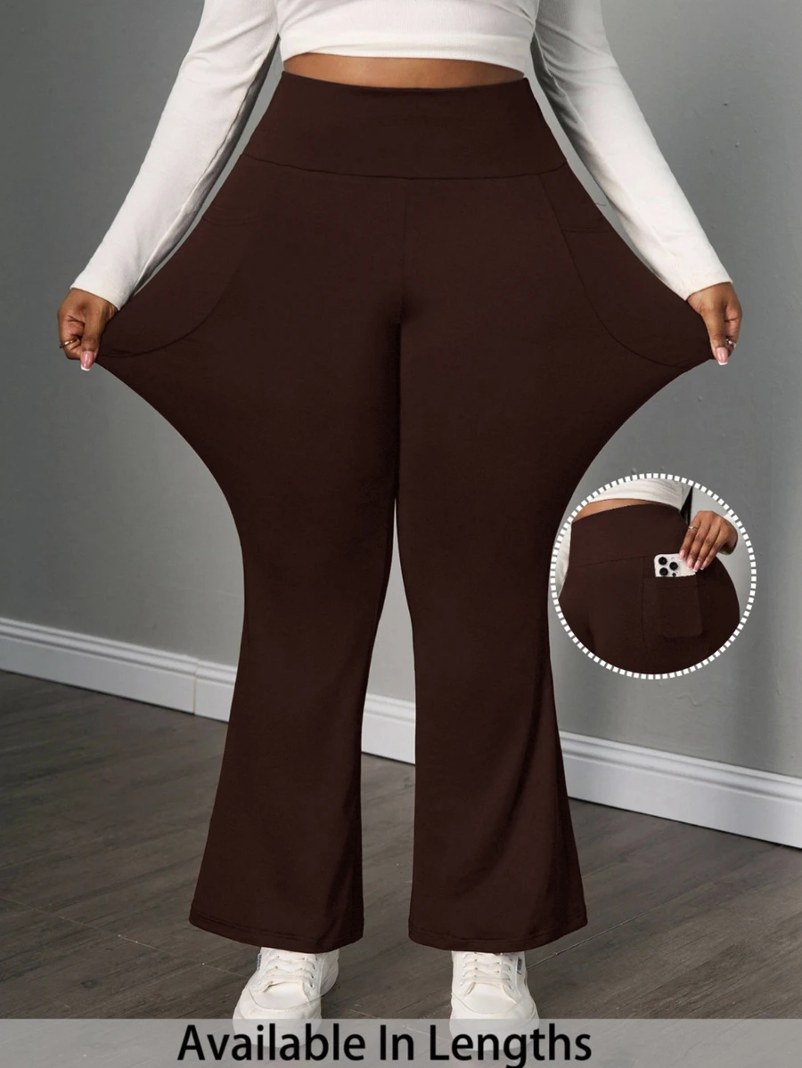SHEIN PETITE CURVE 大尺碼女款黑色秋季休閒正式風柔軟優雅純色針織高腰鬆緊口袋喇叭寬腿長褲 健身正裝適用 - 乾枯玫瑰色 - 查看 1
