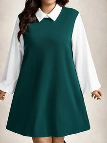 Comfylo 大尺碼女款秋季優雅黑白拼接袖襯衫領長袖洋裝 辦公正式返校教師節秋季穿搭 - 綠色 - 查看 5