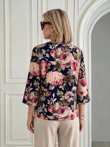 Miaspire 中年女性花卉印花百褶設計七分袖上衣 - 藏蓝色 - 查看 2