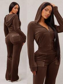 Radiana Plus Size Women Solid Color Hoodie And Pants Casual Everyday 2 Pieces Set - Brown - View 6