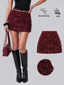 Sweetra Women's Fashionable Two-Tone Sequin Embellished Elegant Skirt - Burgundy - View 7