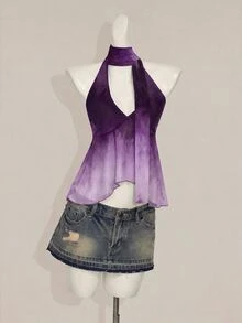 SHEIN ICON Y2K 夏季女款 V 領波西米亞海灘度假嘻皮風夏威夷娃娃裙式飄逸掛脖印花漸層青色背心上衣 - 紫色 - 查看 6