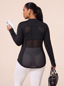 Rhythm Era Plus Size Yoga Long Sleeve Top With Mesh Back, Slimming Running Fitness Jacket, High Elasticity Flattering Yoga Workout Top - Black - View 5