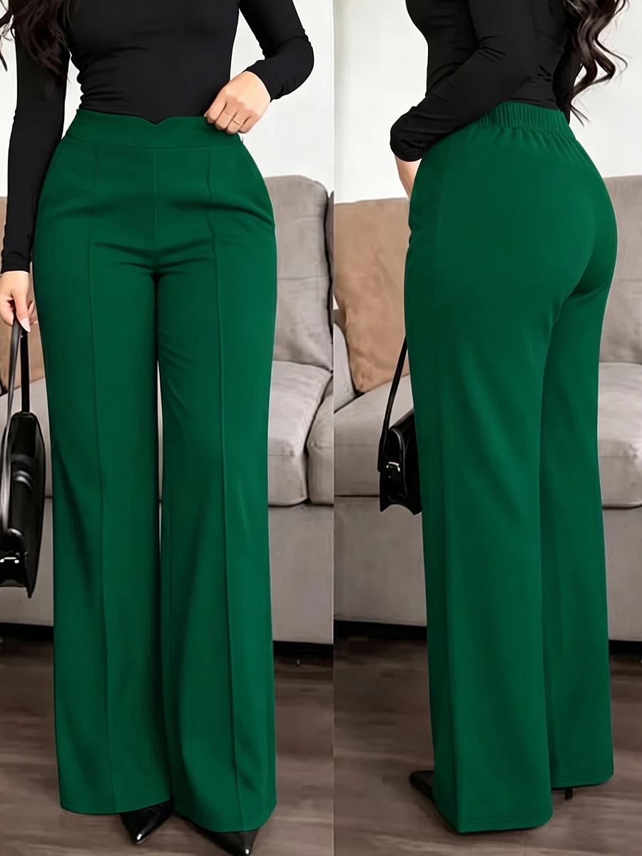SHEIN LUNE Plus Size Women's Solid Color Casual Elegant Versatile Daily Wide Leg Pants Fall - Mint Green - View 1