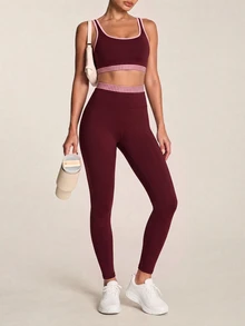 SHEIN BAE طقم رياضي نسائي من توب بدون أكمام بتصميم مربعات ورقعات مع ليقنز - عنابي اللون - مشاهدة 1
