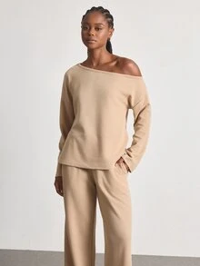 Ocili Minimalist Comfortable Casual Easy-Care Asymmetrical Shoulder Long Sleeve Long Pants Pajama Set Soft Women's Loungewear Set - Khaki - View 2