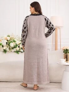 Feyla Plus Size Women's Patchwork Leopard Print Raglan Long Sleeve Lace V-Neck Elegant Knit Dress - Multicolor - View 2