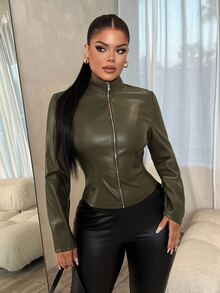 SHEIN SXY 性感修身長袖拉鍊夾克 - 墨綠色 - 查看 5