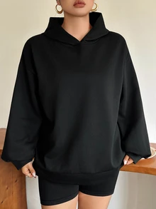 Dazy Plus Sweatshirt Hoodie Kasual Tebal Berlapis Termal, Gaya Blogger, Warna Polos Dasar Baru Musim Gugur/Dingin - Hitam - View 5