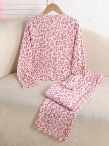 SHEIN 少女可愛腮紅粉蝴蝶結圖案睡衣套裝，夏季居家睡衣 2 件組，柔軟舒適 V 領長袖荷葉邊上衣與長褲休閒套裝 - 彩色 - 查看 2