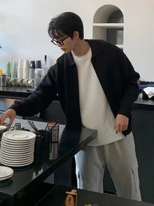 DAZY 男士黑色翻領雙拉鍊開襟針織外套，秋冬款 - 黑色 - 查看 4