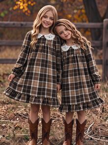 Girls' Vintage Brown Plaid Long Sleeve Princess Dress With Lapel Collar, Pastoral Style - Multicolor - View 1